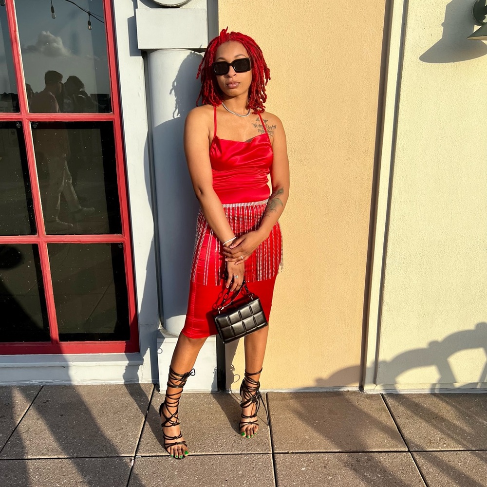 Elegant Red Satin Midi Dress with Fringe